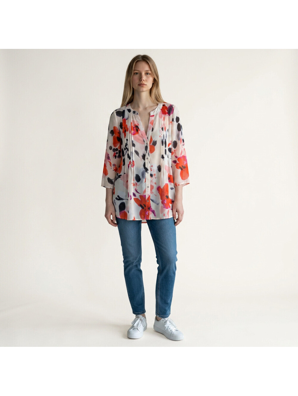 Chaus Shirt Women L Large Beige Floral Button Up V-Neck 3/4 Sleeve Casual
